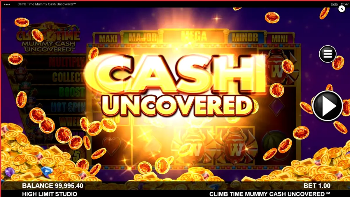 Tampilan visual slot Climb Time Mummy Cash Uncovered dengan latar belakang malam Mesir yang mistis